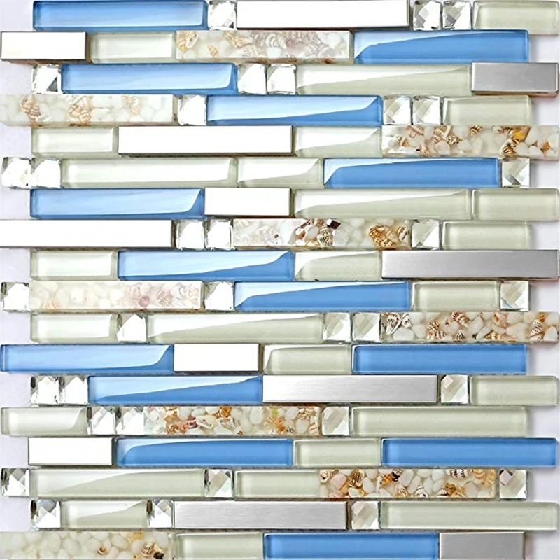 

Mordern Brushed Metal Strip Mediterranean Blue Crystal Glass Shell Mosaic Tile for Kitchen Fireplace background wall decoration