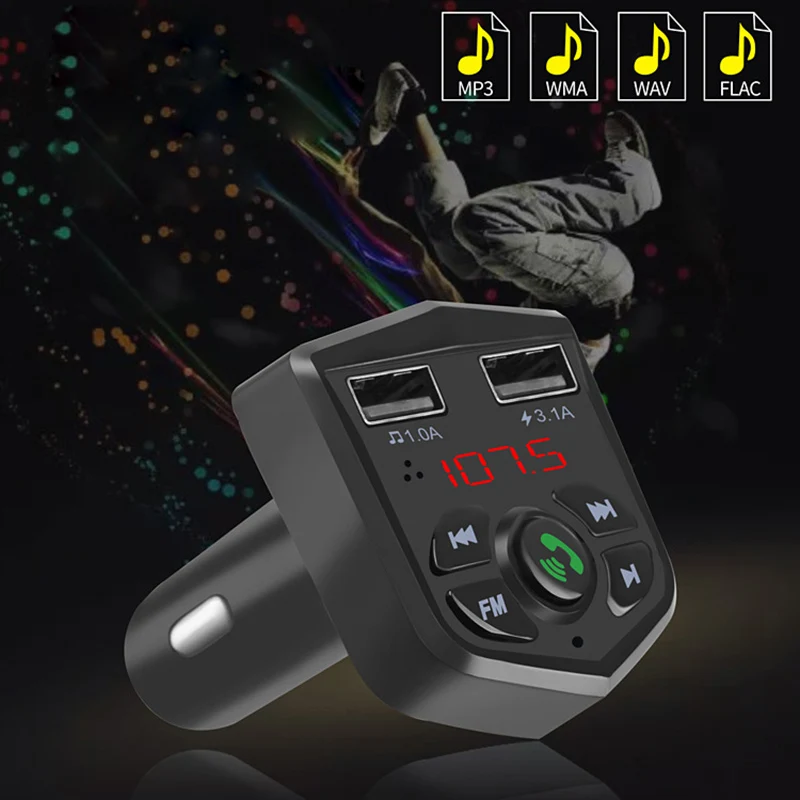 USB AUX FM Transmitter Bluetooth 5.0 Handsfree Car Kit 3.1A Quick Dual USB Charger LCD Digital Voltmeter TF Card Player