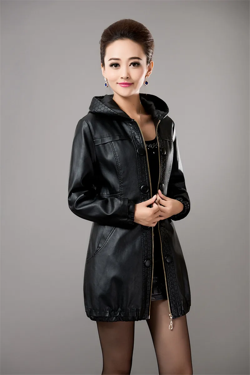 Большие размеры, Женская куртка из искусственной кожи, Осень-зима, длинная Повседневная мотоциклетная кожаная куртка, Женская коричневая куртка с капюшоном, L-5XL, A222