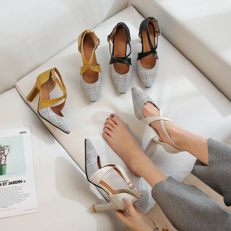 

2019 summer new style simple simple plaid high heels women retro style comfortable wild pointed high heels
