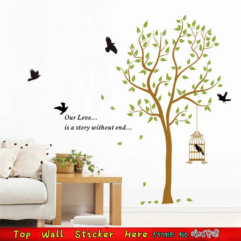 DIY Wall Stickers Green Tree Spring Leaf Waterproof Wall Decals Flying Birds Birdcage Wall