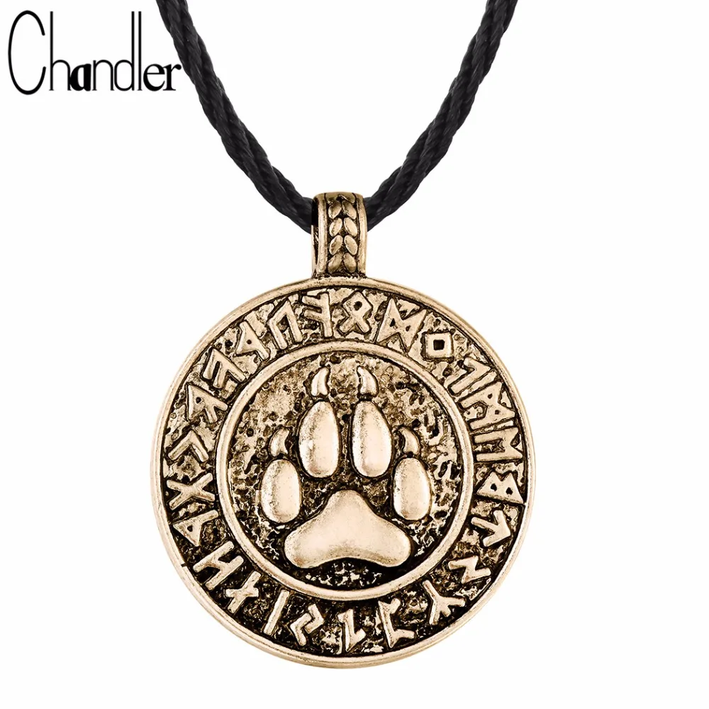 

Chandler Bear Print Amulet Pendant Necklace The Norse Footprint Runes Round Charm Nordic Talisman Colier For Mens Slavic Jewelry