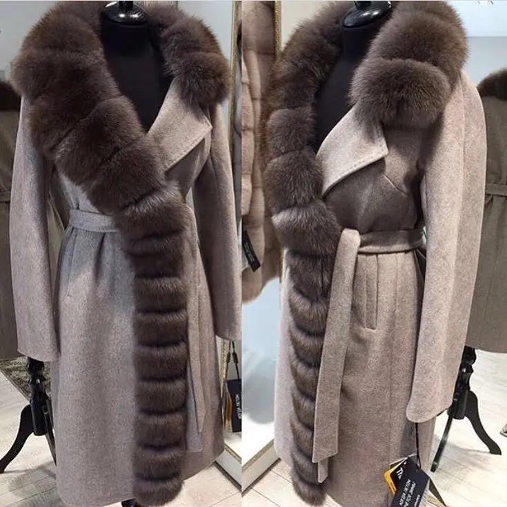 Luxurious Oversized Real Fox Fur Collar Cashmere Coat 90% Wool Blends Winter Real Fur Coat Women Clothes Real Fur Jacket