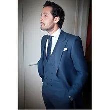 Custom Made Navy Blue Double Breasted Men Suit Classic Slim Fit Blazer Simple 3 Piece Wedding mens Suits (Jacket+Pants+Vest)