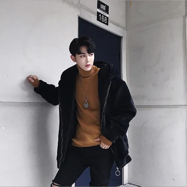 

Casual Black Faux Fur Coat Jaqueta De Couro Masculina 2019 Winter Rex Rabbit Fur Jacket Long Sleeve Hooded Fur Overcoat XL662