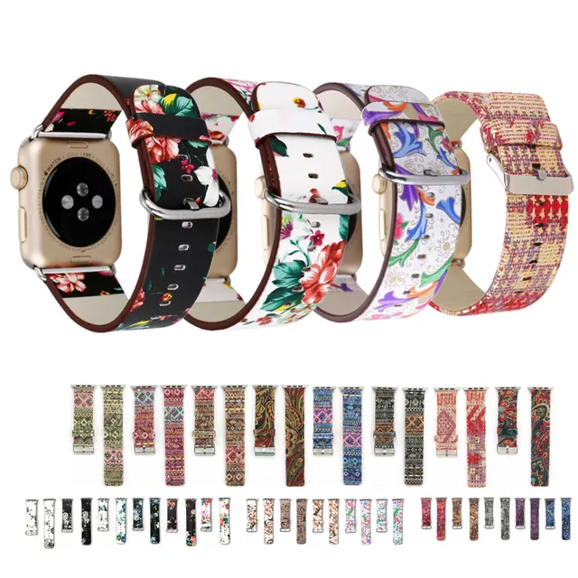 Floral Printed Leather Watchband for Apple Watch band strap 42mm/38mm Flower Design Leather