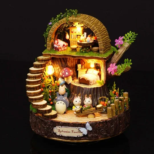 Skup Las drewniany Totoro diy do lalek dekoracja do domu Handmade zestaw do kreskówek miniaturowy dom montaż zabawek domek dla lalek prezent zabawka