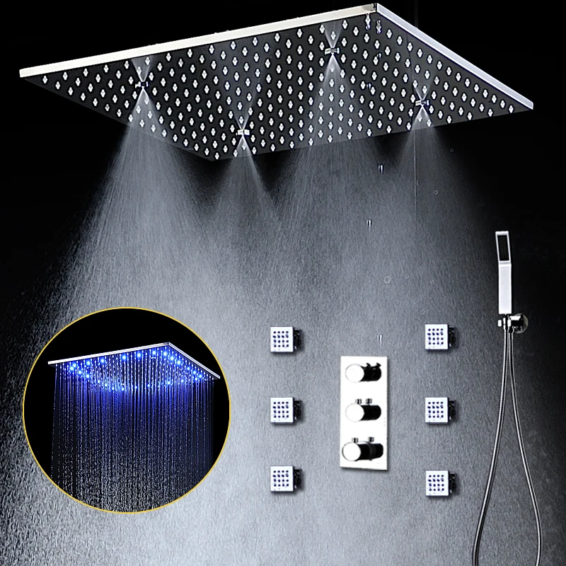 Us 809 88 49 Off Bathroom 4 Functions Shower Panel Set Ceiling Large Massage Rain Mist Shower Panel 500x500 Mm Thermostatic Faucets Led Bath In