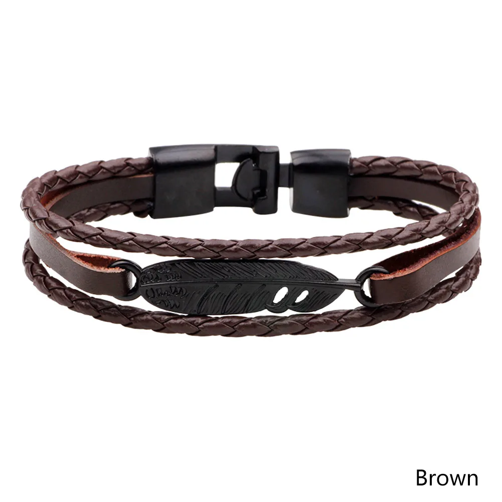 

2019 NEW Fashion Jewelry Handmade 3 layer vintage feather Weave PU Leather Bracelets Women Charm Bangle Wholesale