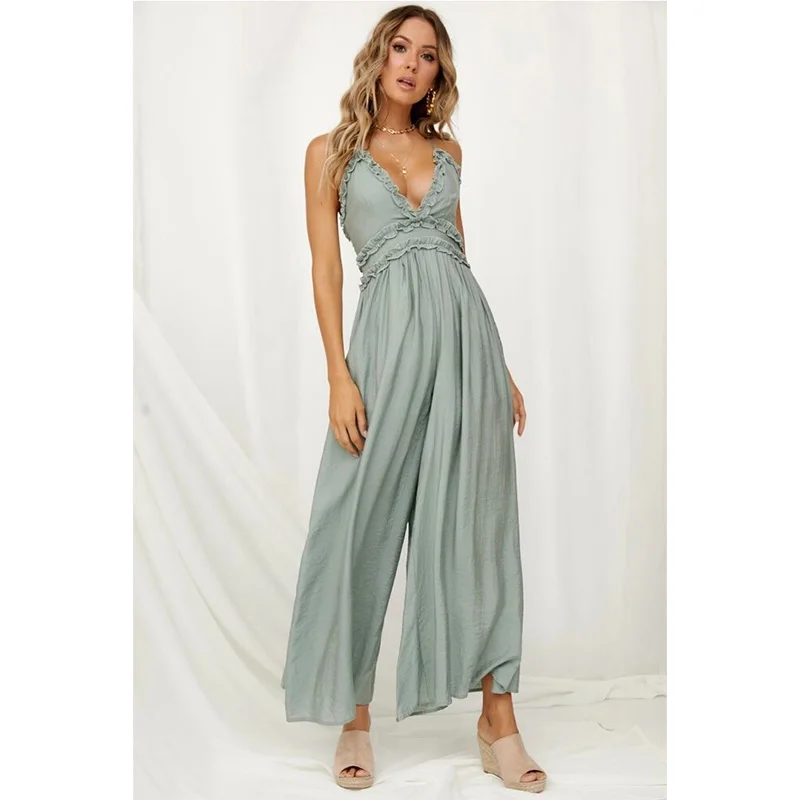 

Summer rompers womens jumpsuit Solid Sleeveless V Neck Backless Slim Camis Hight Waist wide leg pants overalls salopette femme