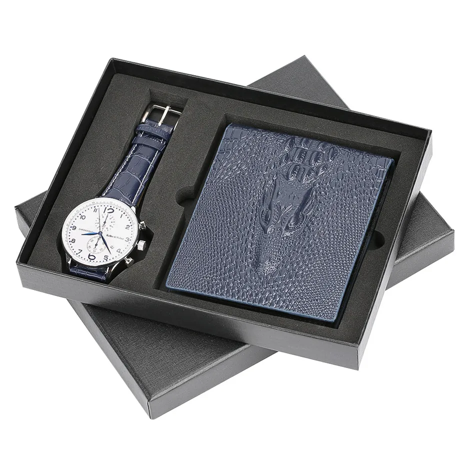 

Small New Crocodile Pattern Wallets Leather Band Waterproof Quartz Wrist Watch for Boy Boyfriend Christmas Gift Set relogio