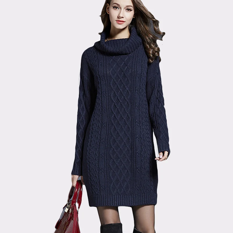 Turtleneck Women Fashion Knitted Cotton Solid Color Sweater Dresses