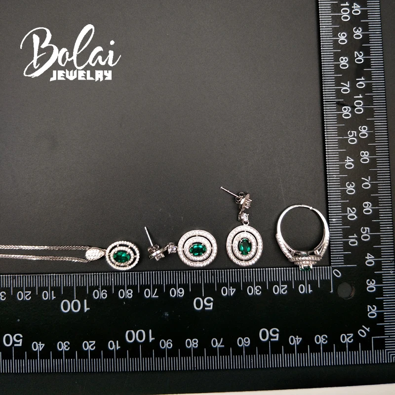 Bolai, элегантные нано изумрудные ювелирные наборы из настоящего серебра 925 пробы, подвесные кольца, висячие серьги, зеленый драгоценный камень, женский подарок