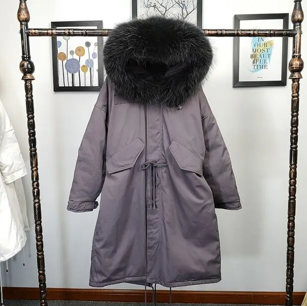 Большой натуральный мех,, высокое качество, длинная толстая теплая парка, зимняя куртка, Женское пальто, белый утиный пух, куртка, плюс размер, пальто - Цвет: grey coat black fur