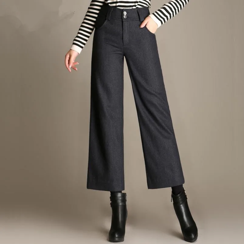 Для женщин Wool Pant женщины высокой талии шерстяные повседневные широкие штаны Свободные прямые длинные женские плюс Размеры брюки