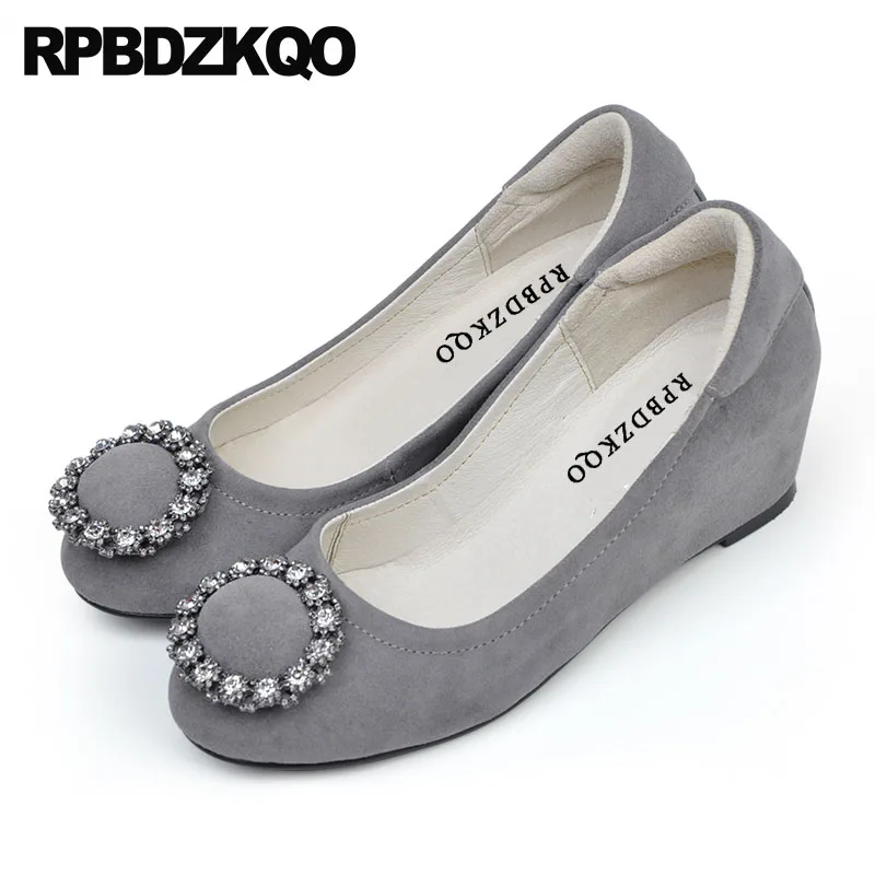 

Rhinestone Evening Gray Office Wedge Shoes Ladies Size 33 Genuine Leather Crystal Elegant Suede Round Toe Hidden High Quality
