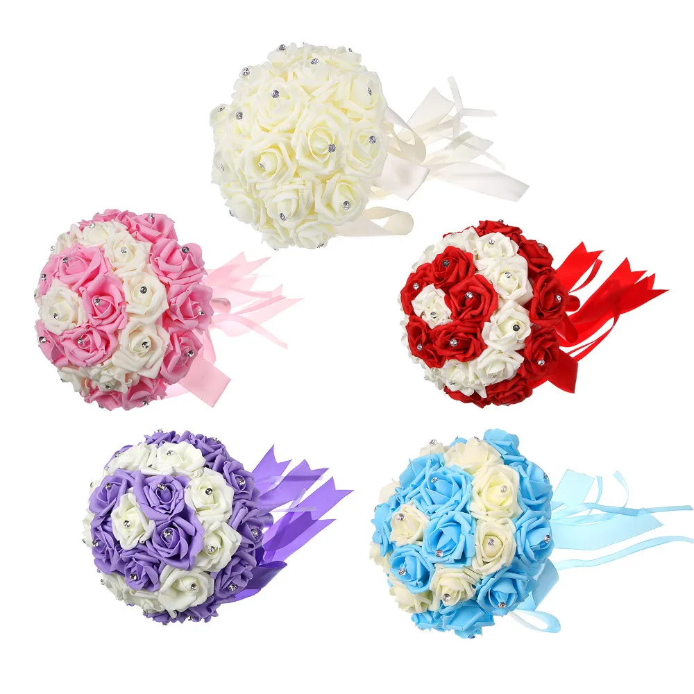 12"Bridal Bouquet Foam Roses Artificial Flowers Luxury Rhinestones