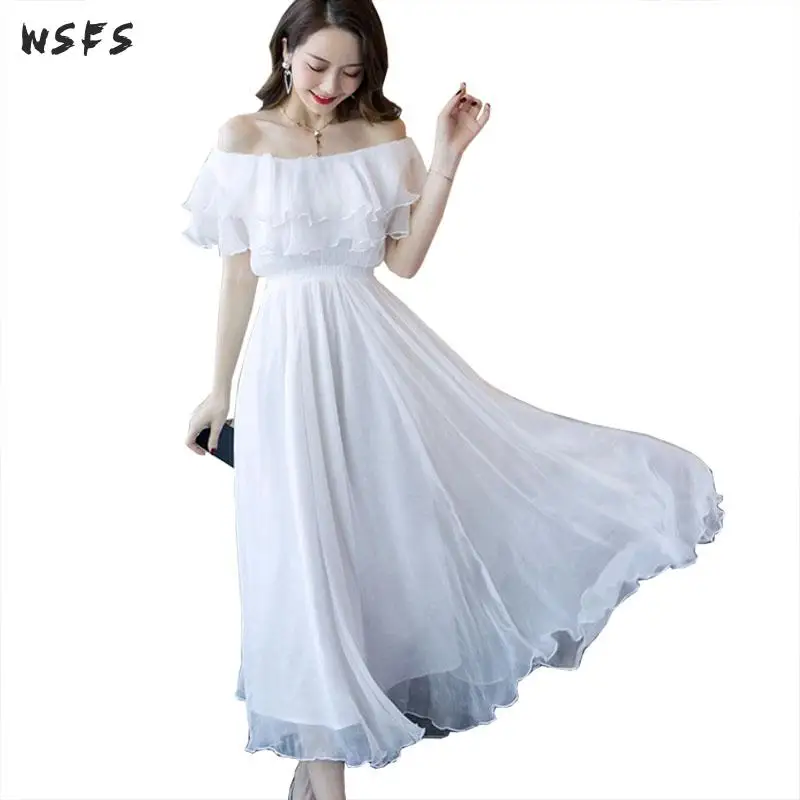

Summer White Mesh Dresses Slash Neck Off Shoulder Backless Beach Women Dress Long Bohemian Sexy Party Ruffles Maxi Loose Dress