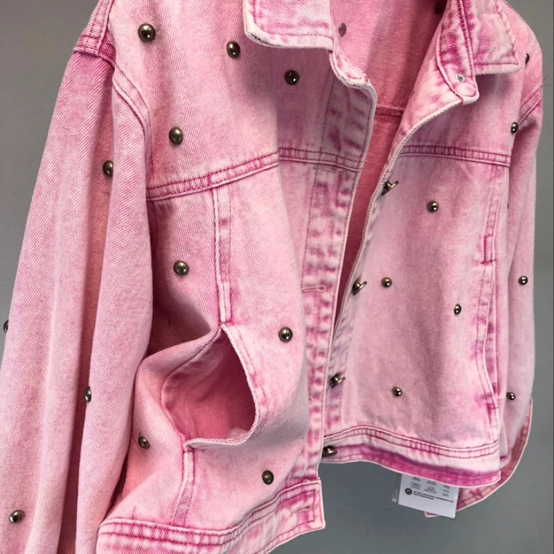 Женская Повседневная розовая Короткая Стильная джинсовая куртка с заклепками и бисером, высшее качество, уличная Свободная джинсовая куртка с рукавами летучая мышь и карманами, Femme S-L