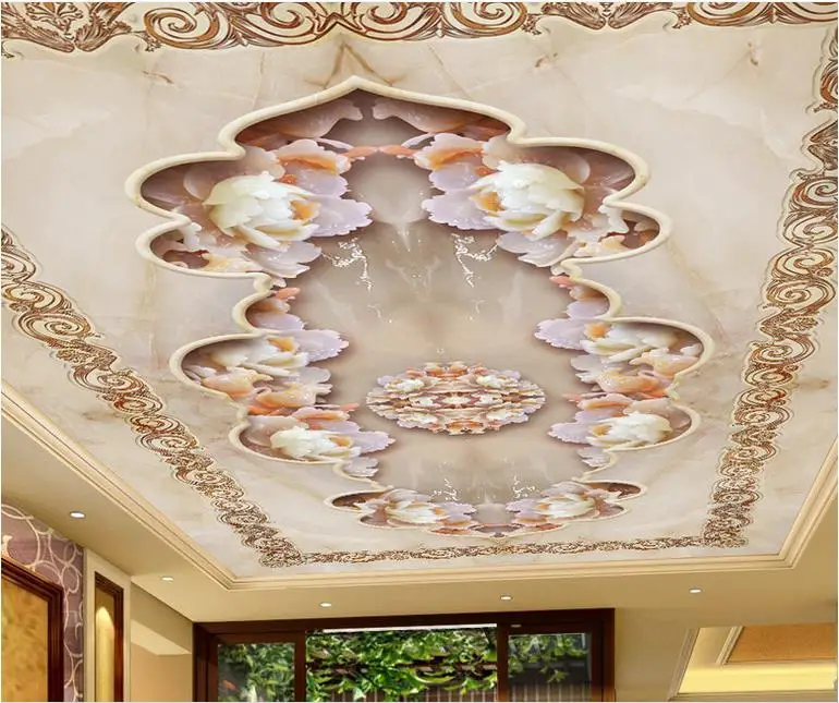 custom 3d ceiling photo Jade carving peony stone wallpaper on the ceiling bedroom 3d stereoscopic wallpaper ceiling murals