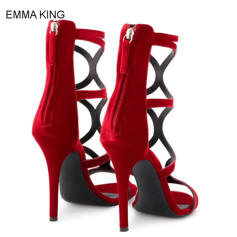 EMMA KING/2019 г.; красные женские свадебные туфли в сдержанном стиле; летние женские босоножки из флока на тонком высоком каблуке с открытым