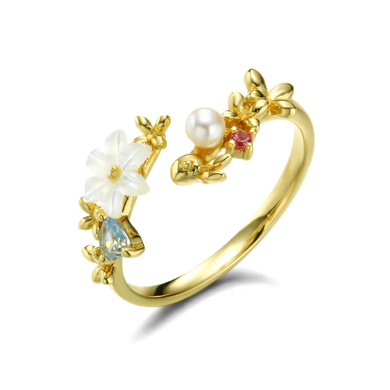 

Bohemia 9K Pure Real Yellow Gold Flower Pearl Seashell Rings for Women Girl Fancy Genuine Solid Crystal Bands Fine Jewelry Gift