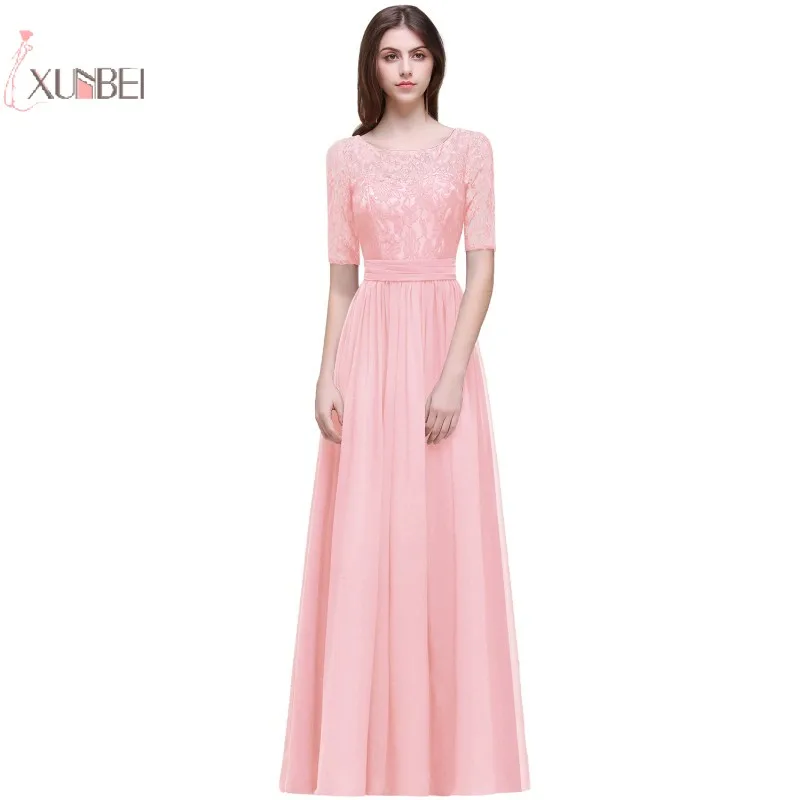 

Stock Elegant Pink Chiffon Long Evening Dress 2019 Half Sleeve Lace Applique Evening Gown robe de soiree