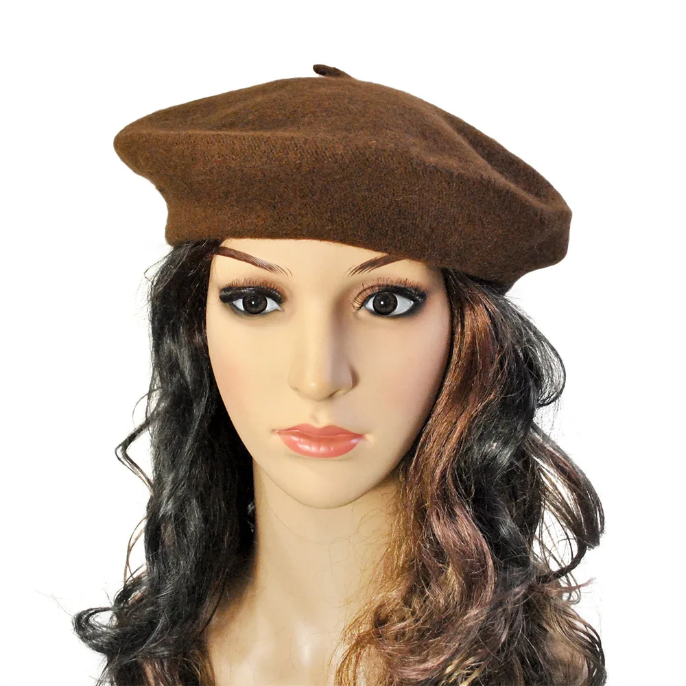 Шерстяной берет шляпа Французский Берет шерстяной сплошной цвет Женская шапочка - Цвет: Coffee