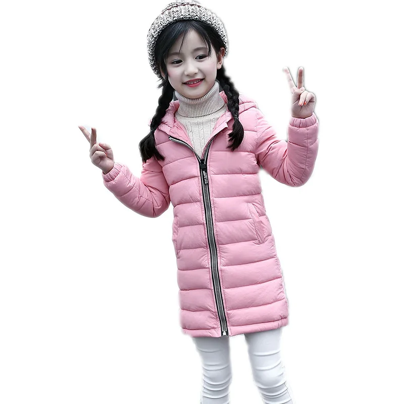 

girl winter jacket 2017 new long section kids winter coats thicken warm cotton wadded jacket solid hooded children outwear 6-13T
