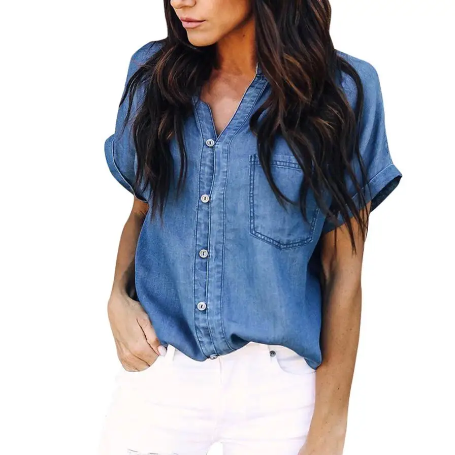 

fashion woman Summer blouses 2018 HOT Soft Denim Shirt Tops Blue Jean Button Short Sleeve Blouse female shirt blusa feminina A20