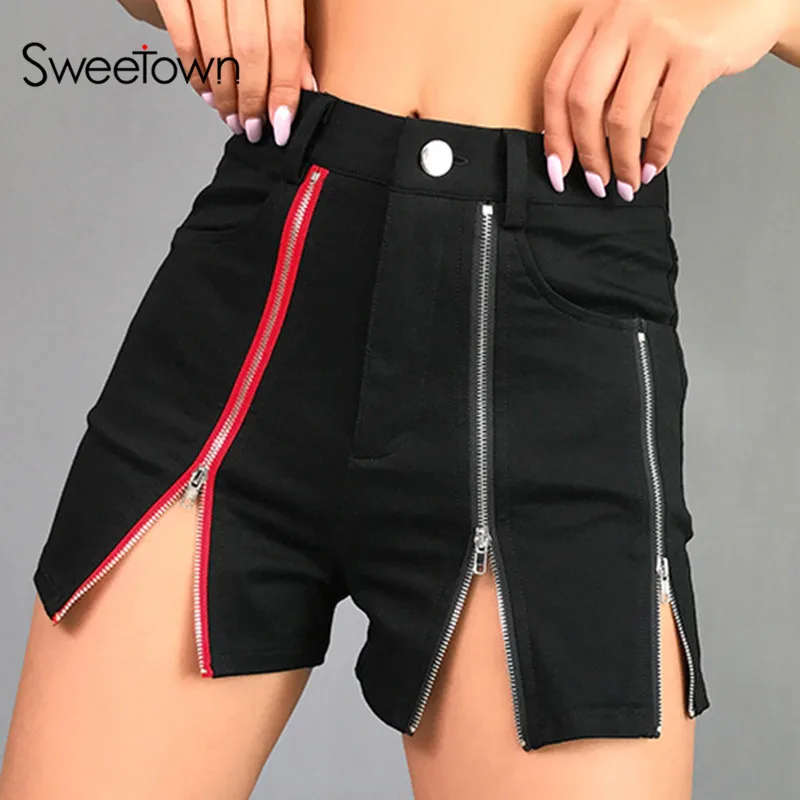 

Sweetown Black Chic Sexy Punk Shorts Women 2019 Three Colorful Zipper Patchwork Split High Waist Ladies Summer Shorts Streetwear
