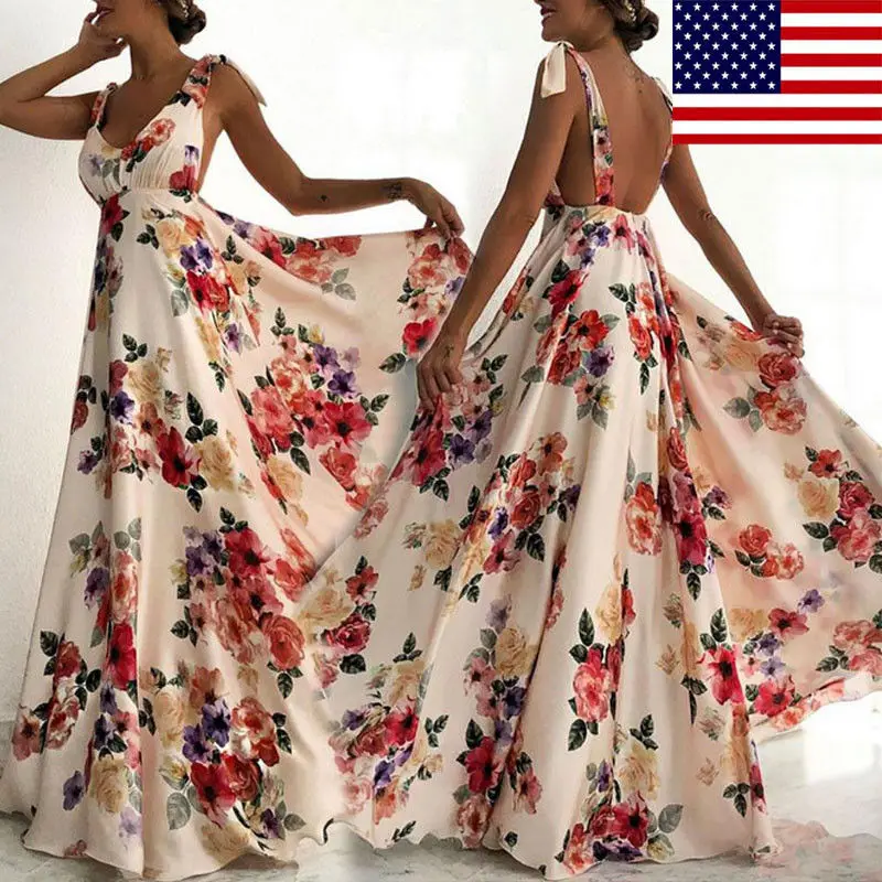 

New Fashion Women Floral Print Dress Wedding Party Long Maxi Dress Evening Party Sleeveless Backless Maxi Dress Size S-XL