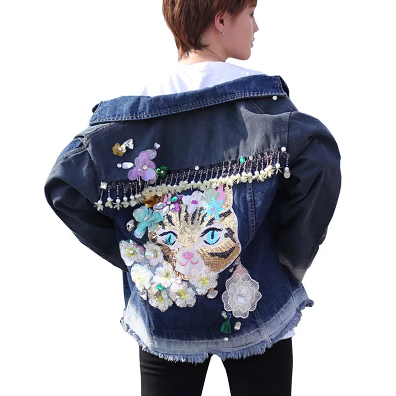 

Denim Jacket Woman Floral Jackets Coat Autumn Winter Street Basic Jacket Sequins Cartoon Casual Outwear