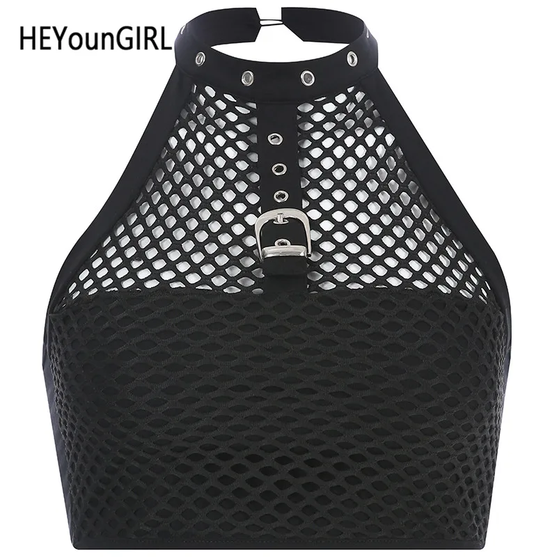 Черный HEYounGIRL сексуальная открытая спина Женская майка на бретельках Холтер черные сетчатые кроп-топы футболки хлопок Фитнес Харадзюку обрезанные женщины - Цвет: Черный