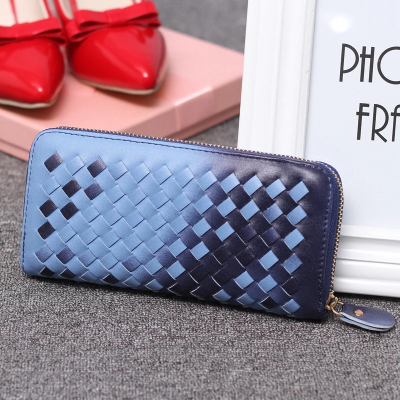 

7Colors Fashion Women's Knitting Zipper PU Leather Clutch Case Lady Long Handbag Wallet Purse STJB Blue
