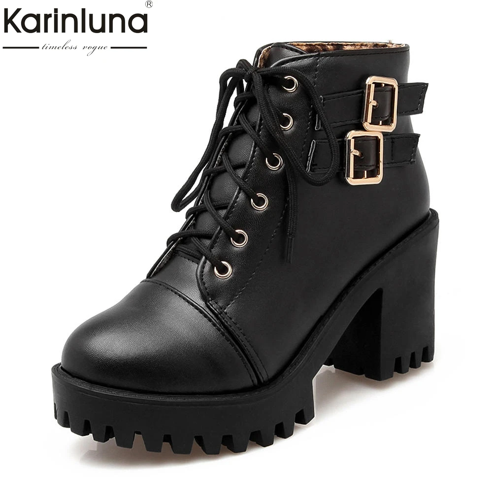 

Karinluna large Sizes 34-43 shoelaces cool boots Woman Shoes platform winter fashion square high heels women shoes ankle Boots