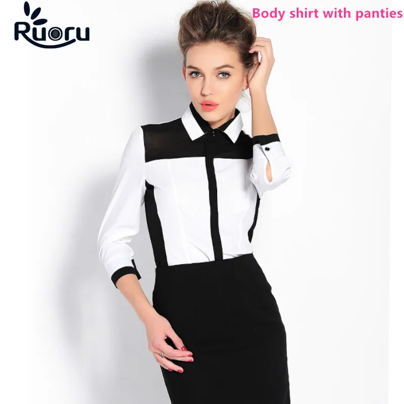Prix Ruoru Chemisier En Mousseline Patchwork Mince Femmes Corps Trois Trimestre Body Noir Blanc Femmes Corps Chemise Bureau Blusa Mousseline de Soie