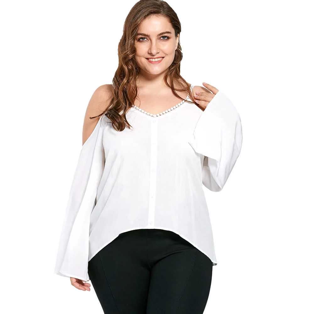 

Wipalo Women Blouses Fashion Long Sleeve V Neck Casual Shirts Chiffon Blouse Shirt Plus Size Cold Shoulder Loose Shirts Blusas