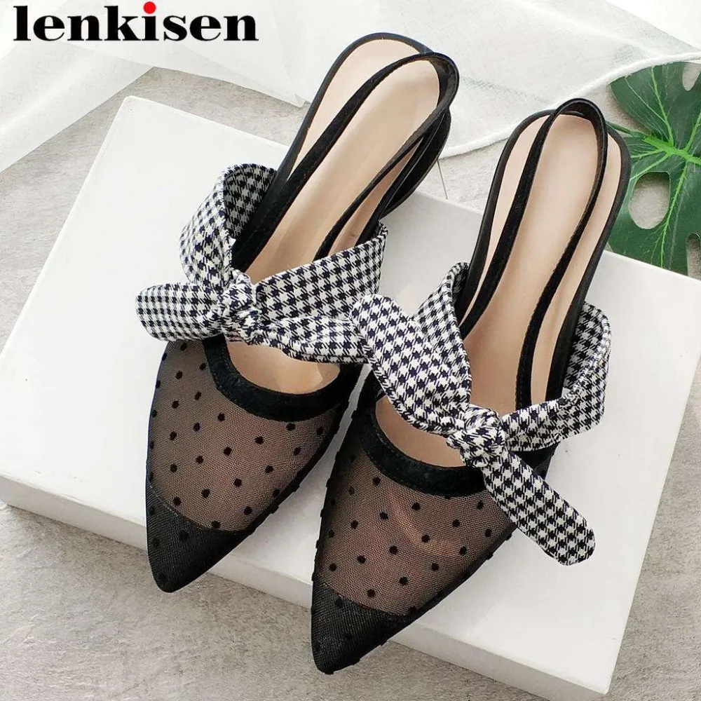 

Lenkisen princess style slip on butterfly-knot decoration mesh natural leather women sandals pointed toe polka dot shoes L0f3