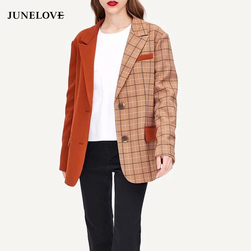 

JuneLove Women Long Sleeve Patchwork Blazers Vintage Plaid Female Loose Blazers Casual Street Wear Lady Single Breasted Outwears