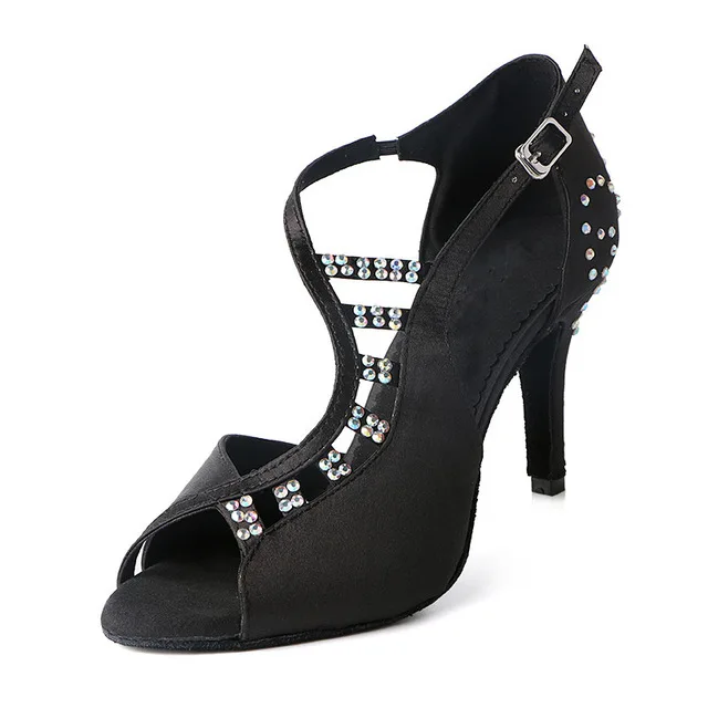 Для женщин Туфли для латинских танцев черный со стразами леди Сальса Профессиональный Танцы Обувь высокий каблук 6 см 7 см 8 см 10 см Костюмы для бальных танцев обувь для танцев - Цвет: Black 8.5cm heel