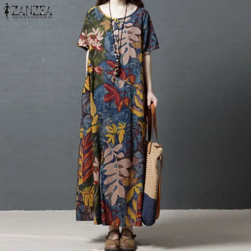 ZANZEA женское летнее платье с круглым вырезом и коротким рукавом, винтажное хлопковое льняное платье с цветочным принтом, Пляжное платье, повседневное богемное Длинное Платье Макси