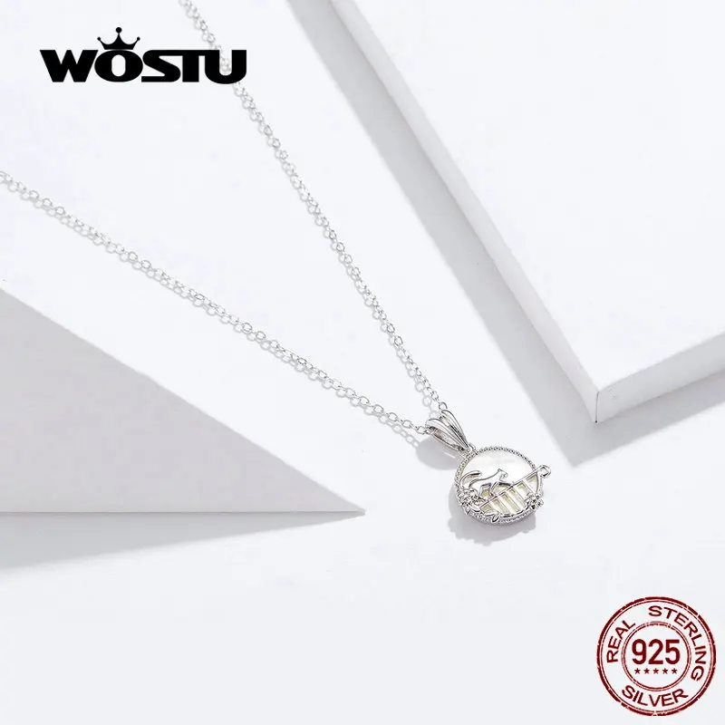 

WOSTU 100% 925 Sterling Silver Necklace Kitty Cat Walking On The Balcony Long Chain Necklace For Women Friendship Jewelry FIN334