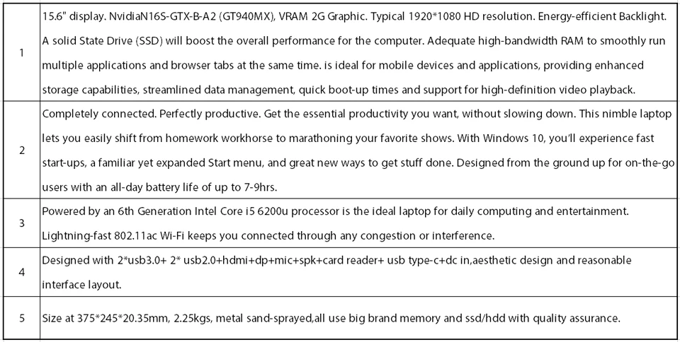 15,6 дюймов ноутбук ПК компьютер, Windows 10 Pro/Linux Ubuntu, Intel Core I5 6200U, [HUNSN LA02], (HDMI/DP/2USB3. 0/2USB2. 0)