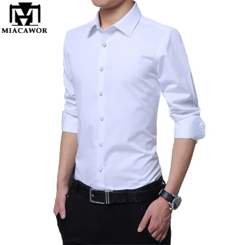 

MIACAWOR New Solid Dress Mens Shirt Casual Slim Fit Long Sleeve Men Shirts Camisa Masculina Mens Clothing 4XL 5XLC374