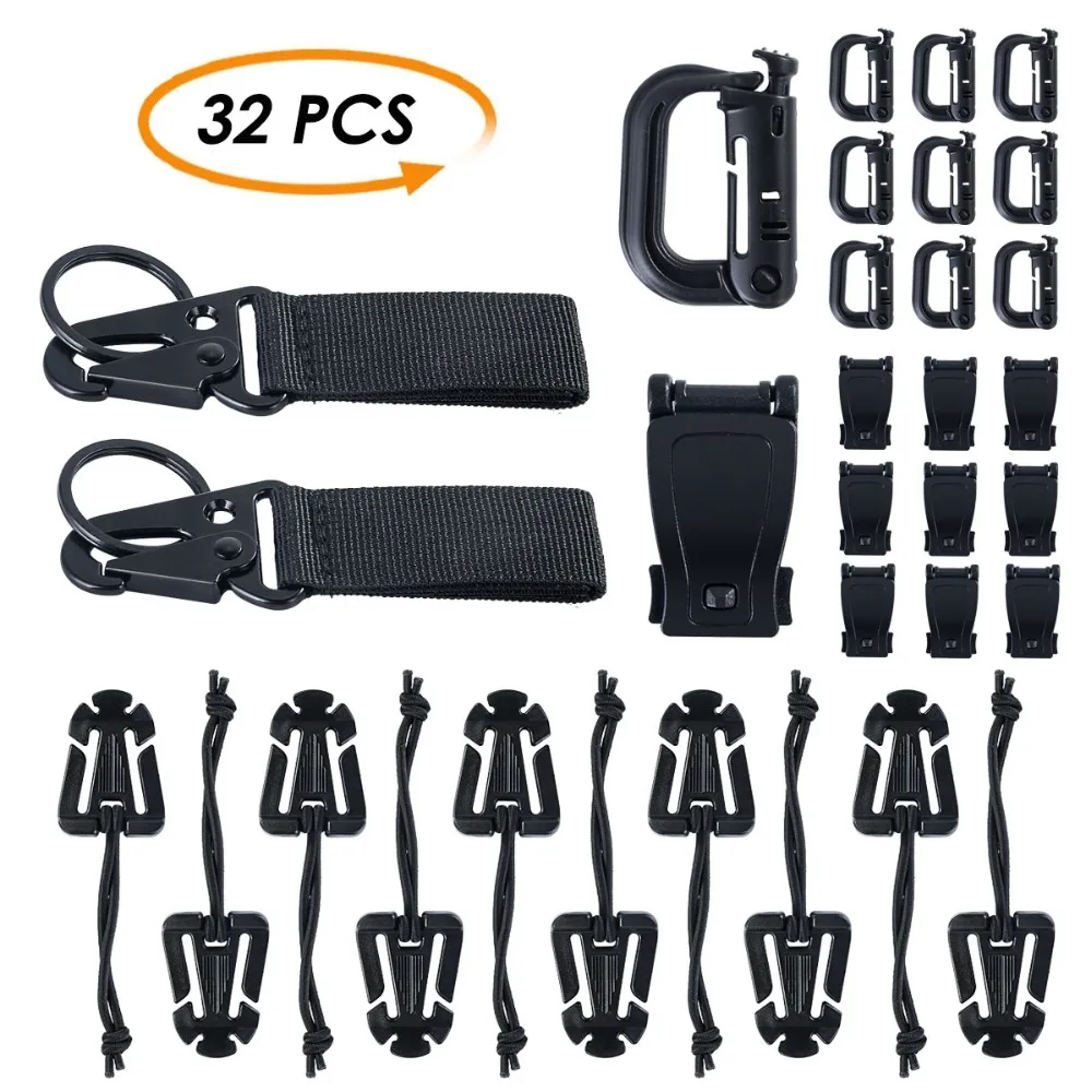 

32Pcs/set Tactical Gear Clip Buckle Strap D-ring Hook Hook-n-loop Keychain Strap for Molle Backpack Webbing Attachments Tactical