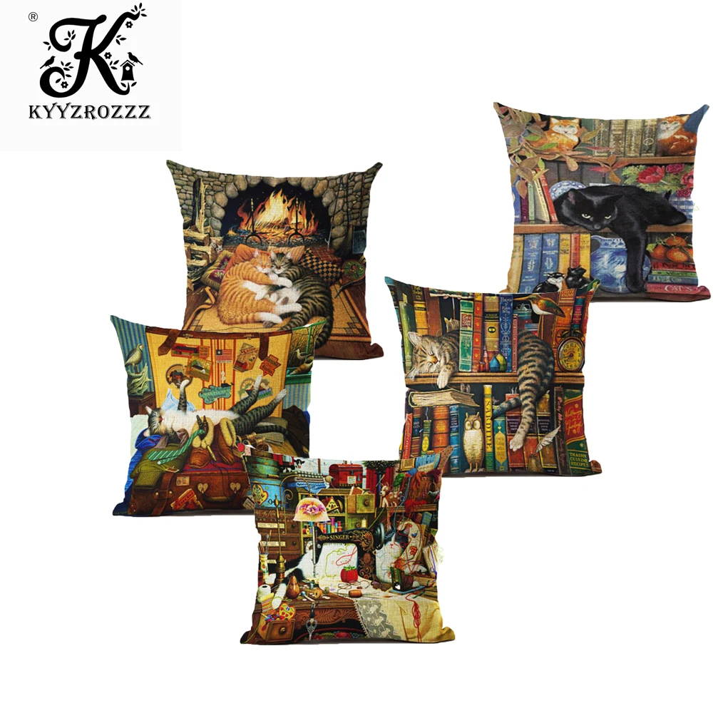 

European Style Cute Book Cat Party Cushion Customized Throw Pillow Home Decorative Cotton Linen Square Printing Cojines