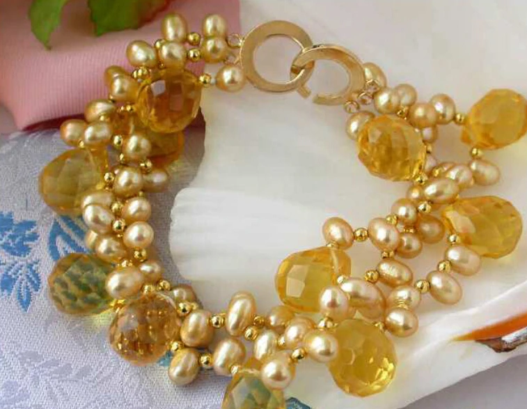 

Hot selling>@@ 0628 3ROW 8" GOLD RICE CULTURED PEARL DRIP CITRINE bracelet -Bride jewelry free shipping