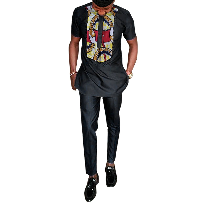 Африканская одежда с принтом, мужская рубашка+ штаны, комплекты, топы с коротким рукавом и длинные брюки, черные наряды, лоскутные дизайнерские африканские рубашки
