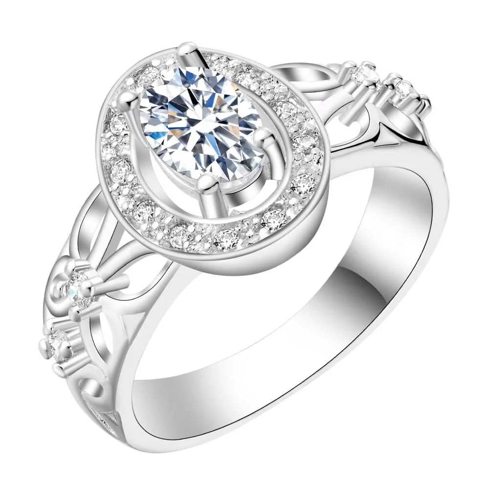 Oval inlay shiny zircon Wholesale 925 jewelry silver plated ring